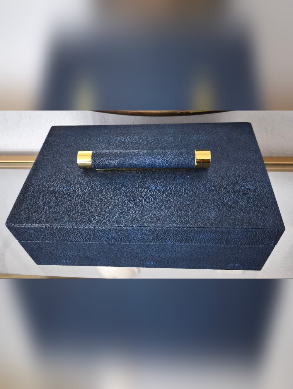 Textured Navy Blue Clutch with Gold Accent